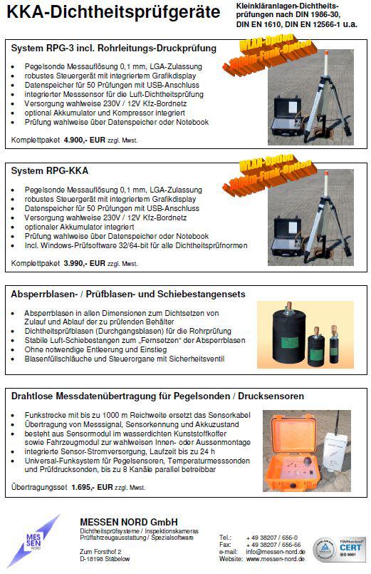 Kleinkläranlagen-Dichtheitsprüfgeräte (KKA) nach DIN 4261-1, DIN 12566-1 u.a.